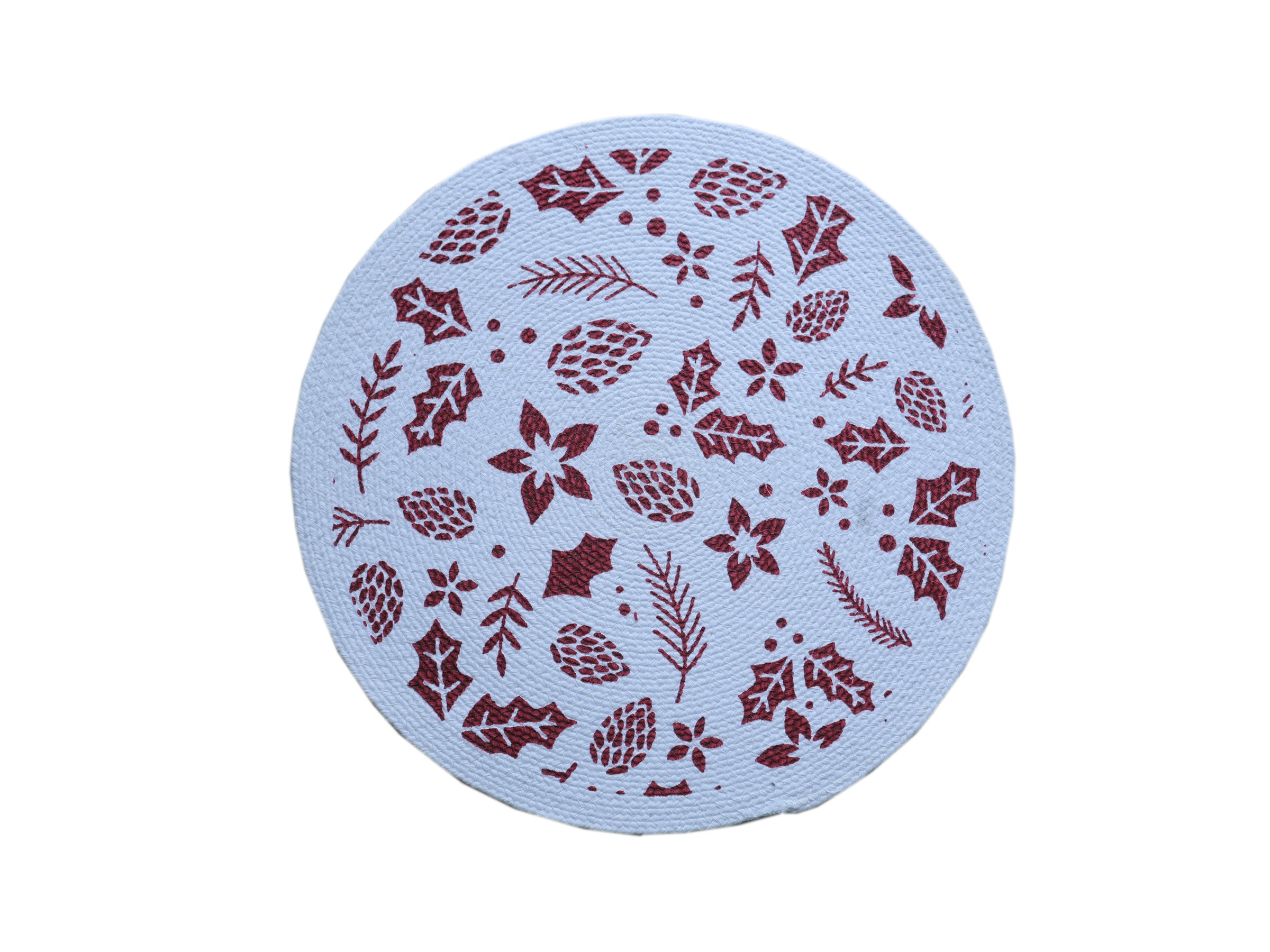 🎄 Festive Botanical Round Mat / Christmas Coaster - Light Blue & Deep Red 🌿