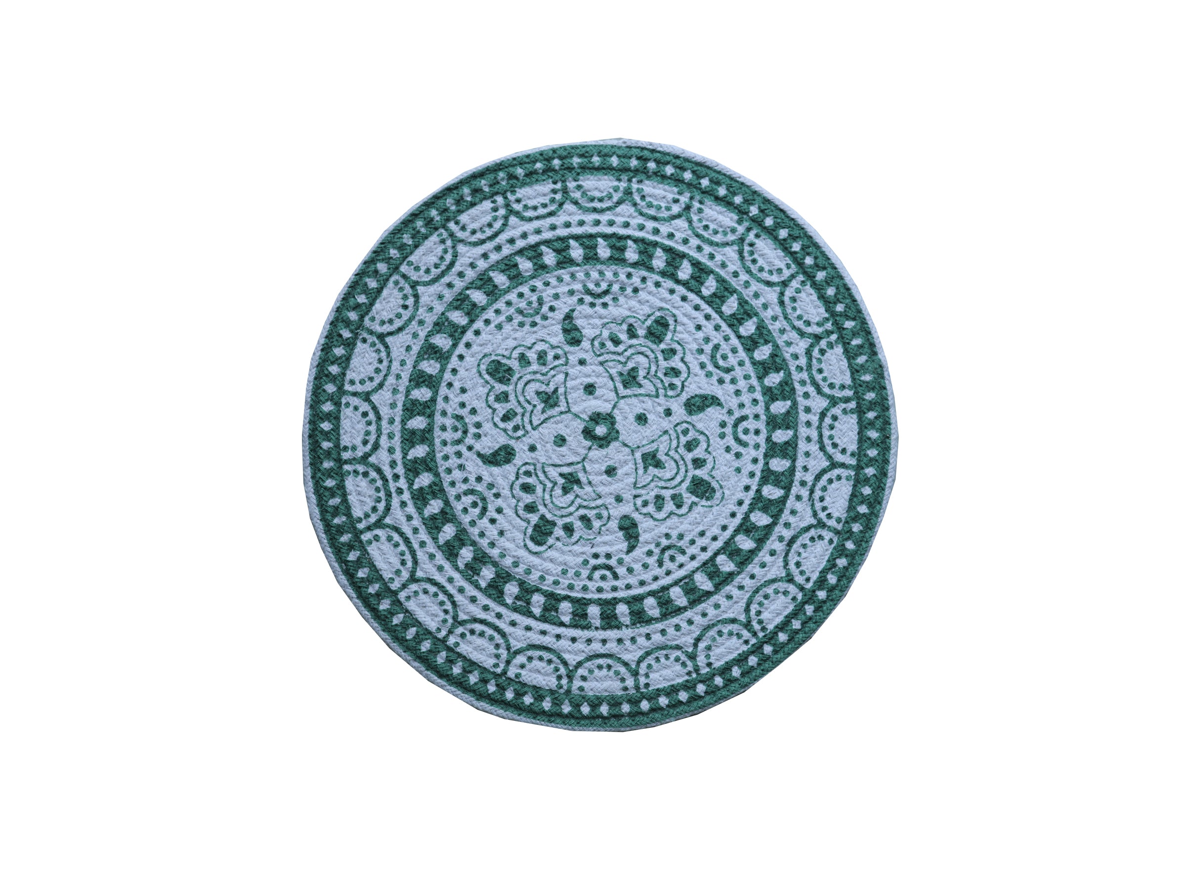 🕉️ Intricate Mandala / Bohemian Round Mat & Coaster - Green & White Medallion Design 🌿