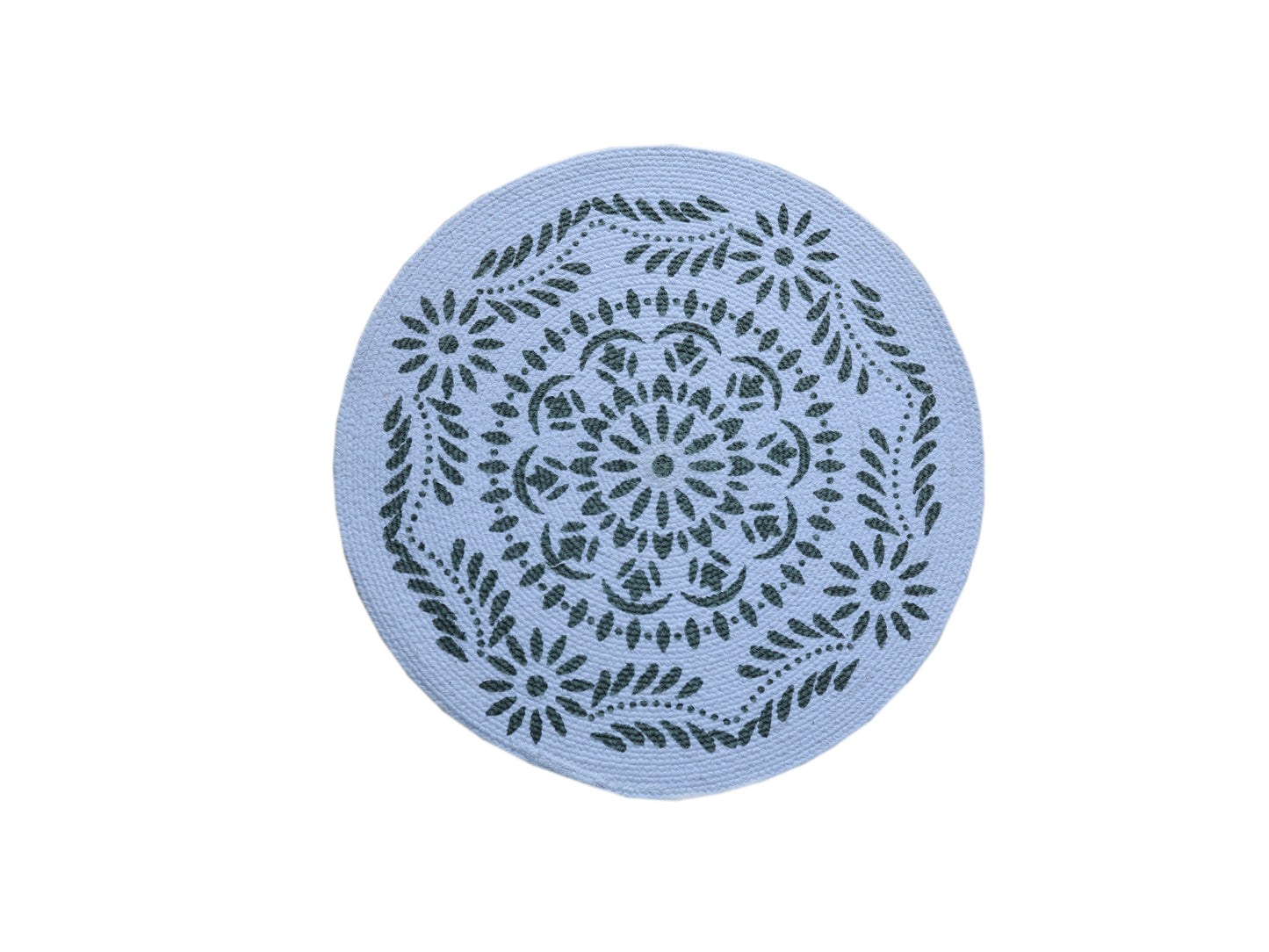 🌸 Floral & Leafy Mandala Round Mat / Nature-Inspired Coaster - Light Blue & Dark Green 🍃