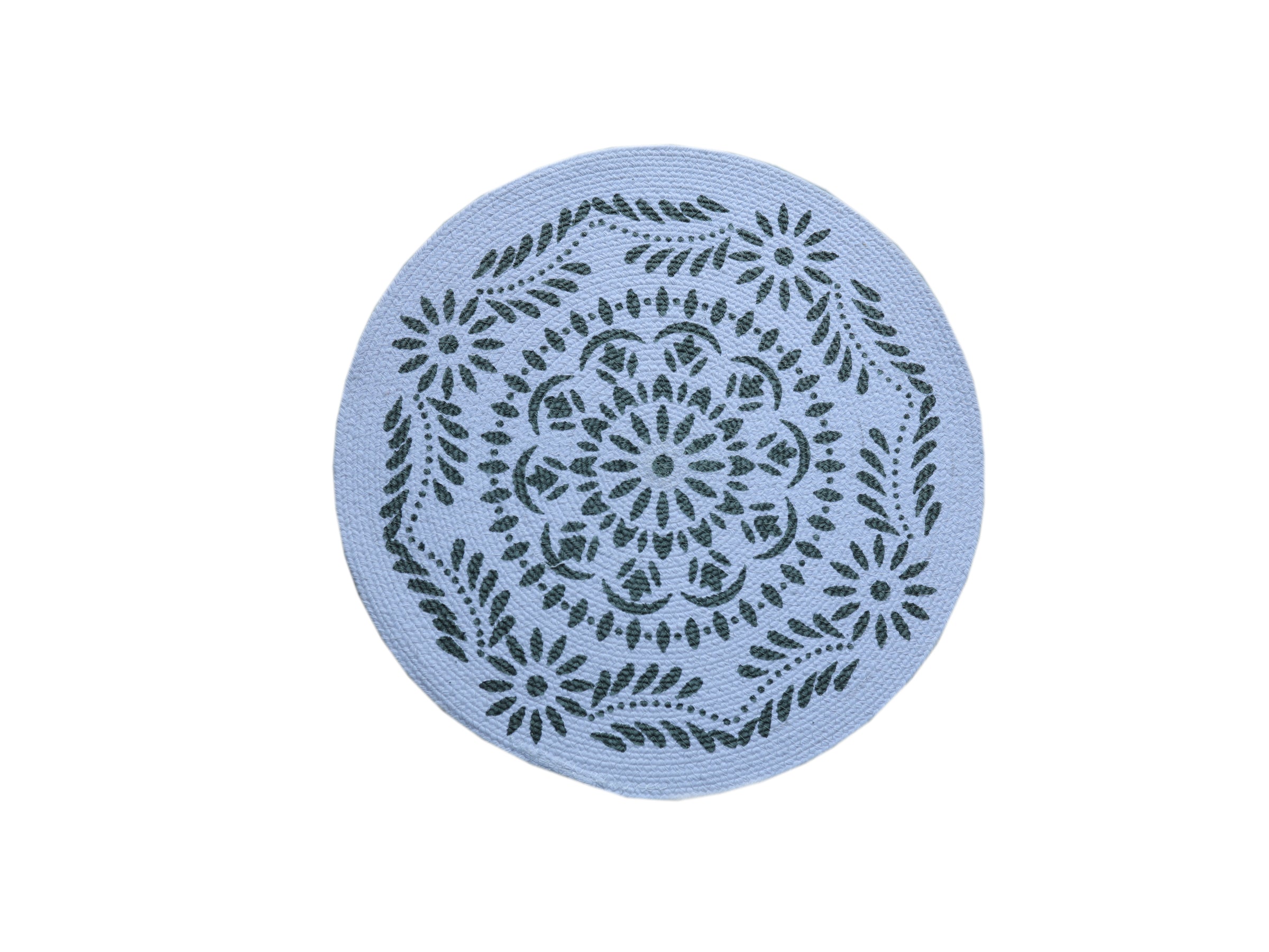 🌸 Floral & Leafy Mandala Round Mat / Nature-Inspired Coaster - Light Blue & Dark Green 🍃