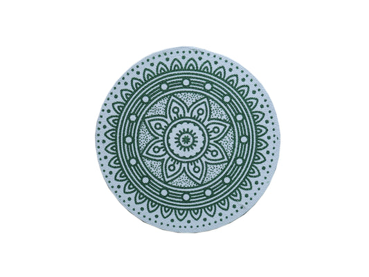 🌺 Elegant Floral Mandala Round Mat / Bohemian Coaster - Serene Green & White Medallion ✨
