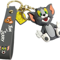 Tom and Jerry Cartoon Keychain with Grey Strap – Cute Tom Figure Key Ring for Kids, Bags, and Collectors