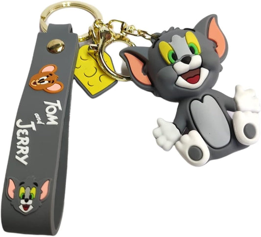Tom and Jerry Cartoon Keychain with Grey Strap – Cute Tom Figure Key Ring for Kids, Bags, and Collectors