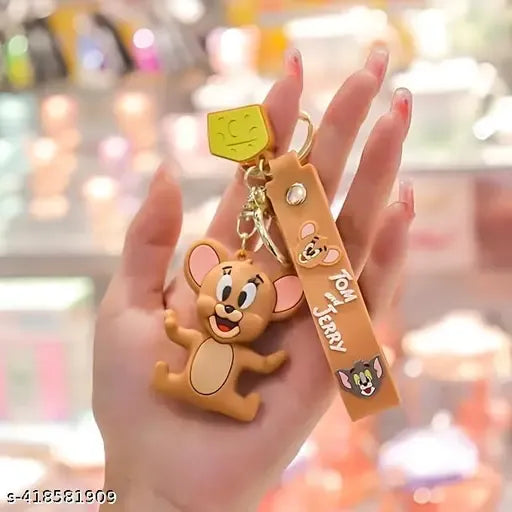 Tom and Jerry Cartoon Keychain with Brown Strap – Cute Jerry Figure Key Ring for Bags, Kids, and Collectors