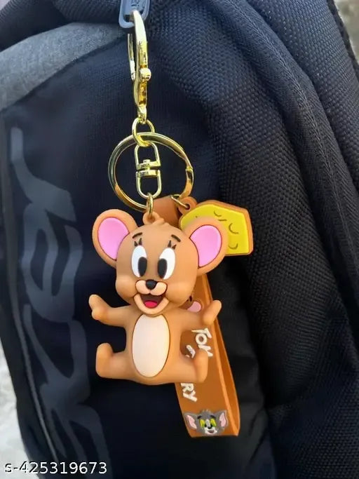 Tom and Jerry Cartoon Keychain with Brown Strap – Cute Jerry Figure Key Ring for Bags, Kids, and Collectors