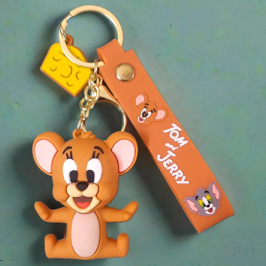 Tom and Jerry Cartoon Keychain with Brown Strap – Cute Jerry Figure Key Ring for Bags, Kids, and Collectors