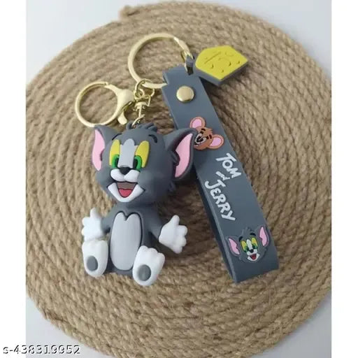 Tom and Jerry Cartoon Keychain with Grey Strap – Cute Tom Figure Key Ring for Kids, Bags, and Collectors