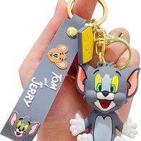 Tom and Jerry Cartoon Keychain with Grey Strap – Cute Tom Figure Key Ring for Kids, Bags, and Collectors