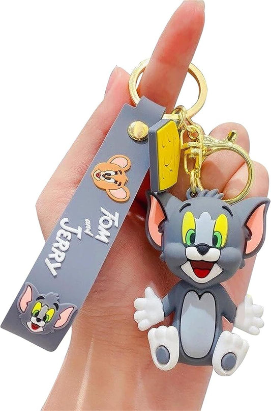 Tom and Jerry Cartoon Keychain with Grey Strap – Cute Tom Figure Key Ring for Kids, Bags, and Collectors