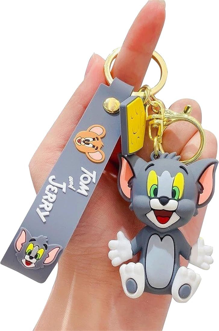 Tom and Jerry Cartoon Keychain with Grey Strap – Cute Tom Figure Key Ring for Kids, Bags, and Collectors